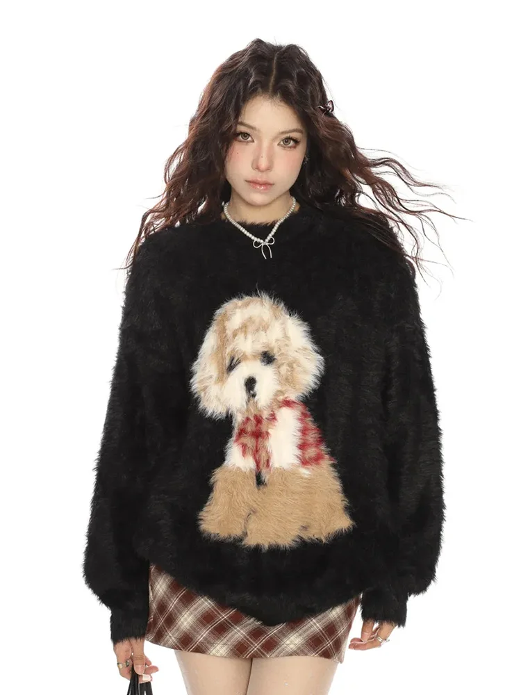 Vintage Cartoon Women Cute Red Sweater Korean Lazy Wind Loose O Neck Knitted Pullover Retro Long Sleeve Lady Sweet Kawaii Jumper