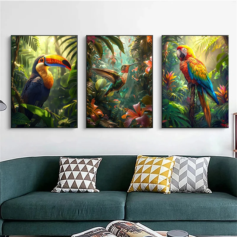 Tropical Animals Fantasy Poster Tiger Leopard Parrot in Jungle Canvas Painting Wall Prints Picture for Living Room Home Decor