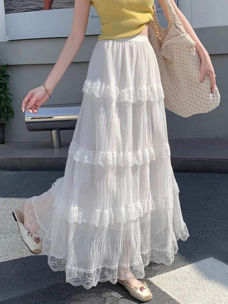 Gonna torta bianca Elegante dolce lungo oversize 2025 Estate Nuovo abito a mezza lunghezza a strati di pizzo a vita alta elastico a trapezio femminile