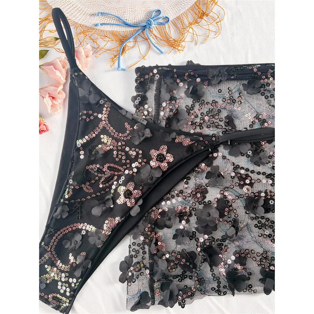 S - XL Dreiteiliges Bikini-Set mit Rock, Blumen, Pailletten, Damen-Bikini, Badeanzug, Badebekleidung, Badeanzug, Schwimmbekleidung V7864 – Detail 19