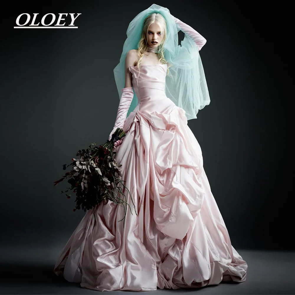 

OLOEY Unique Light Pink Strapless Prom Party Dress Pleated Taffeta Wedding Photoshoot Formal Evening Gown with Scarf Customized