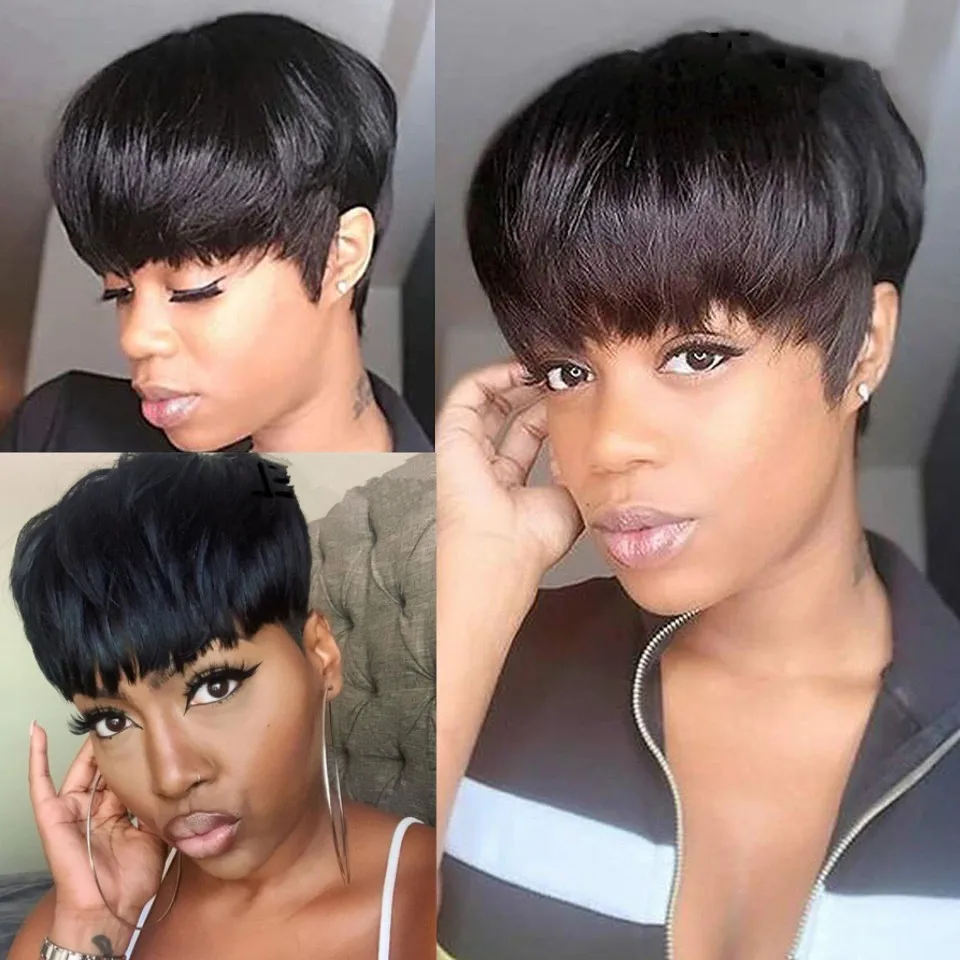 픽시 컷 가발 인모 짧은 가발 여성용 기계 제작 픽시 가발 앞머리 포함