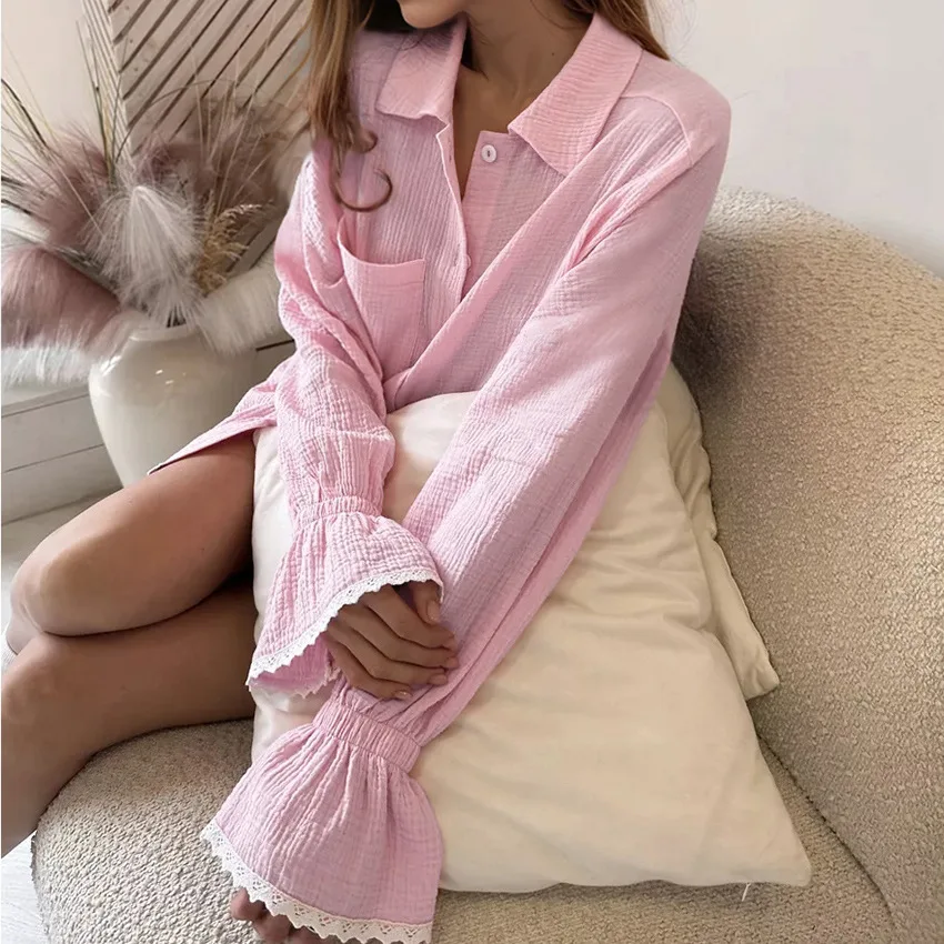 Autumn Pink Pure Cotton Sleepwear Women\'s 100% Cotton Pyjama Lace Cardigan Long-sleeved Shorts Pajamas Home Wears 2Pcs Nightwear