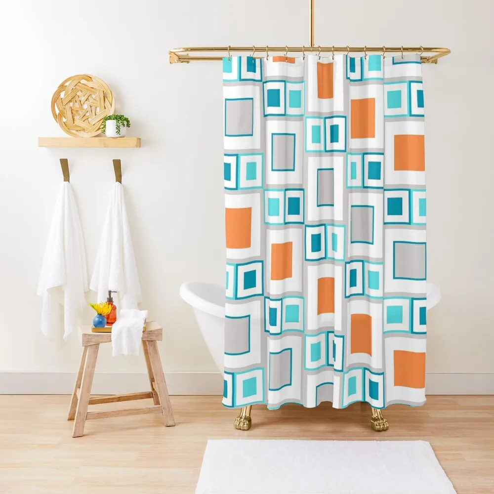 Colorful Geometric Colorblock Squares Blue Orange Gray Shower Curtain Window Curtain