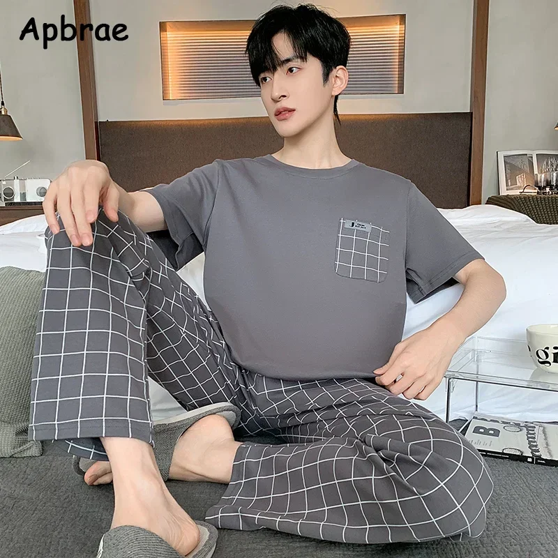 Conjunto de pijama de algodão macio masculino pijama com o pescoço, calça xadrez de manga curta, terno doméstico tamanho grande, L a 4XL, moda nova, verão