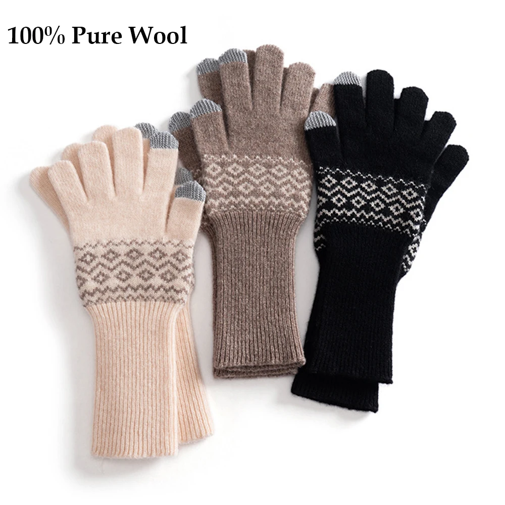 100% Wool Touchscreen Gloves Classic Pattern Men Women Luxury Windproof Warm Winter Gloves for Daily Commute Cycling Mittens