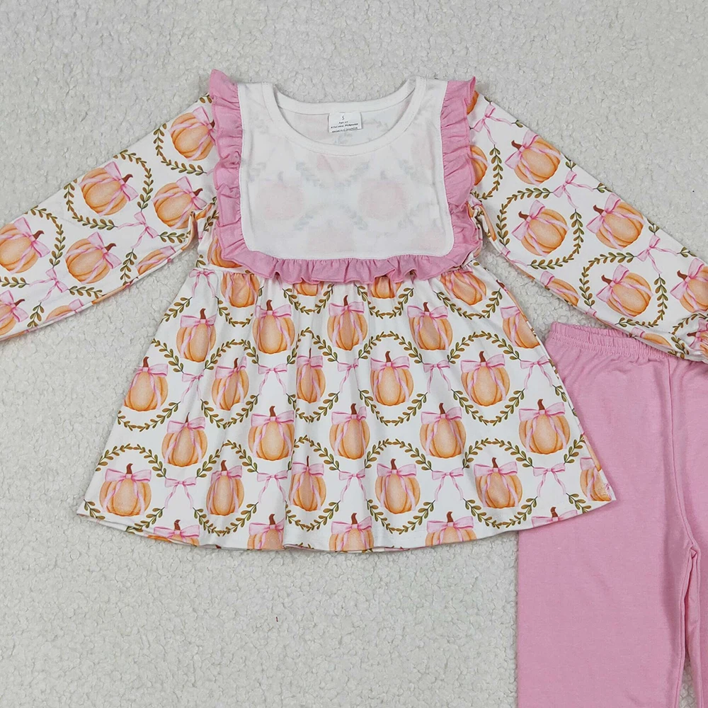 Baby Girls Plaid Tunic And Flame Pants Set with Ruffle Bow Pumpkin Design Pink Fall Clothing Outfit for Infants