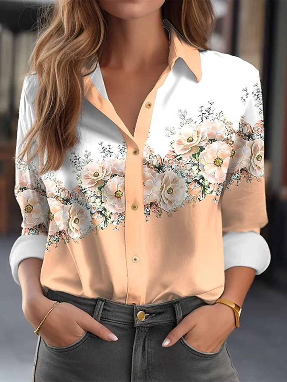 Women Shirts & Blouses Pink Light Green Floral Button Print Long Sleeve Elegant Shirt Party Fashion Shirt Female Clothing Blouse