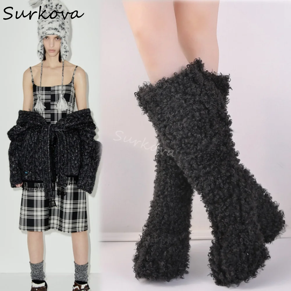 Warm Lamb Wool Knee High Boots Women Chunky Heels Round Toe Platform Solid Slip On Long Boots 2024 Fashion Cute Catwalk Shoes