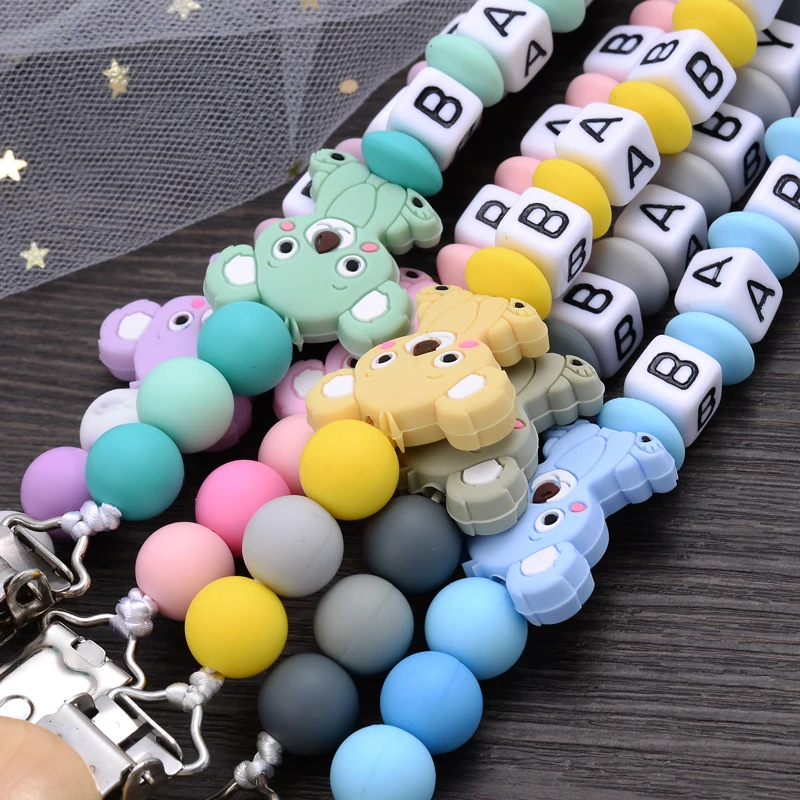 Baby Beech Teether Pacifier Clips Geometric Crochet Beads Personalized Name Silicone Teether Chain Pacifier Clips Nipple Clip