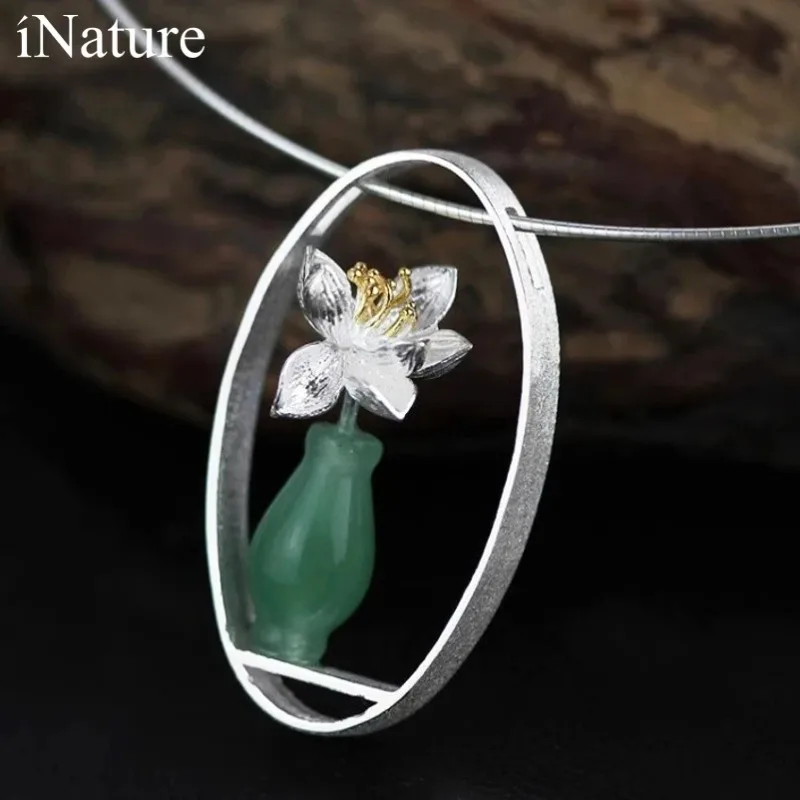 iNature Natural Aventurine Vase Flower Collar Necklaces for Women Trendy Vintage 925 Sterling Silver Choker Necklace