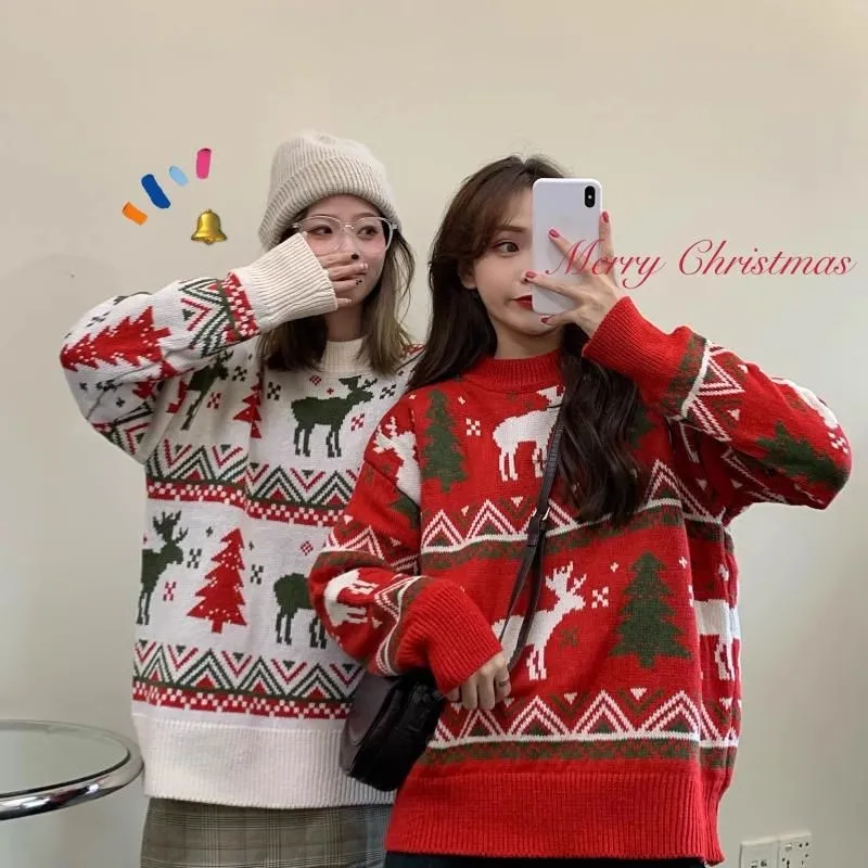 

Large Size Cisas Deer round Ne Knitwear Loose ex Autumn Winter Faion Brand Couple Sweater American Casual Sle