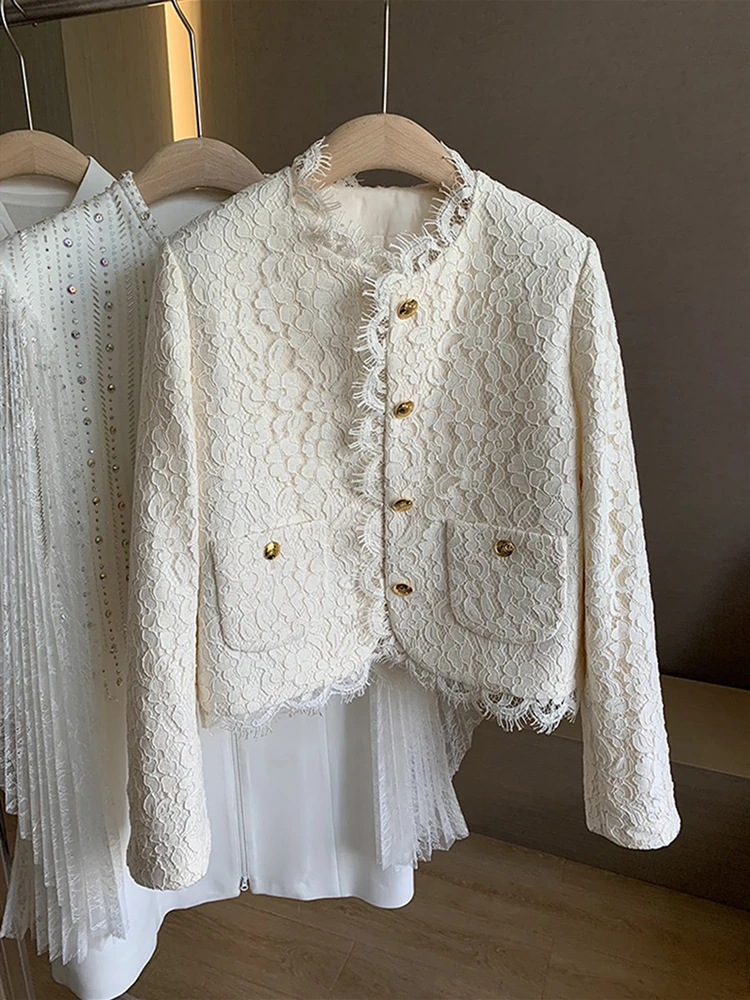 Luxury Design Clothes Women Autumn Elegant O-neck Short Beige Lace Jacket Coat Jaqueta Feminina Korea Fashion Streetwear Outfits