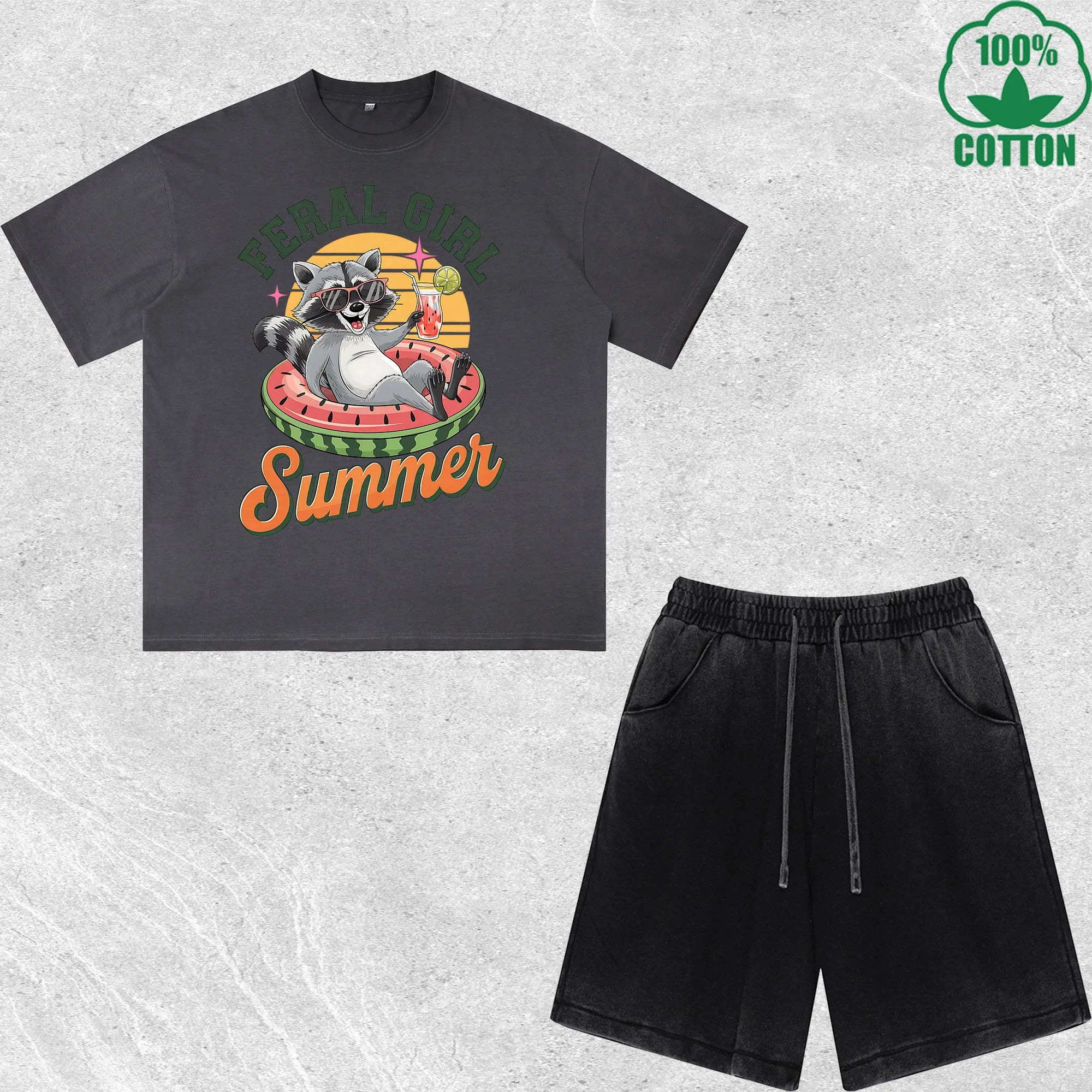 

Summer Design Printed Dirty Wash T-Shirt Shorts Set Multicolor Combo Loose Trendy Fashionable 100%Cotton