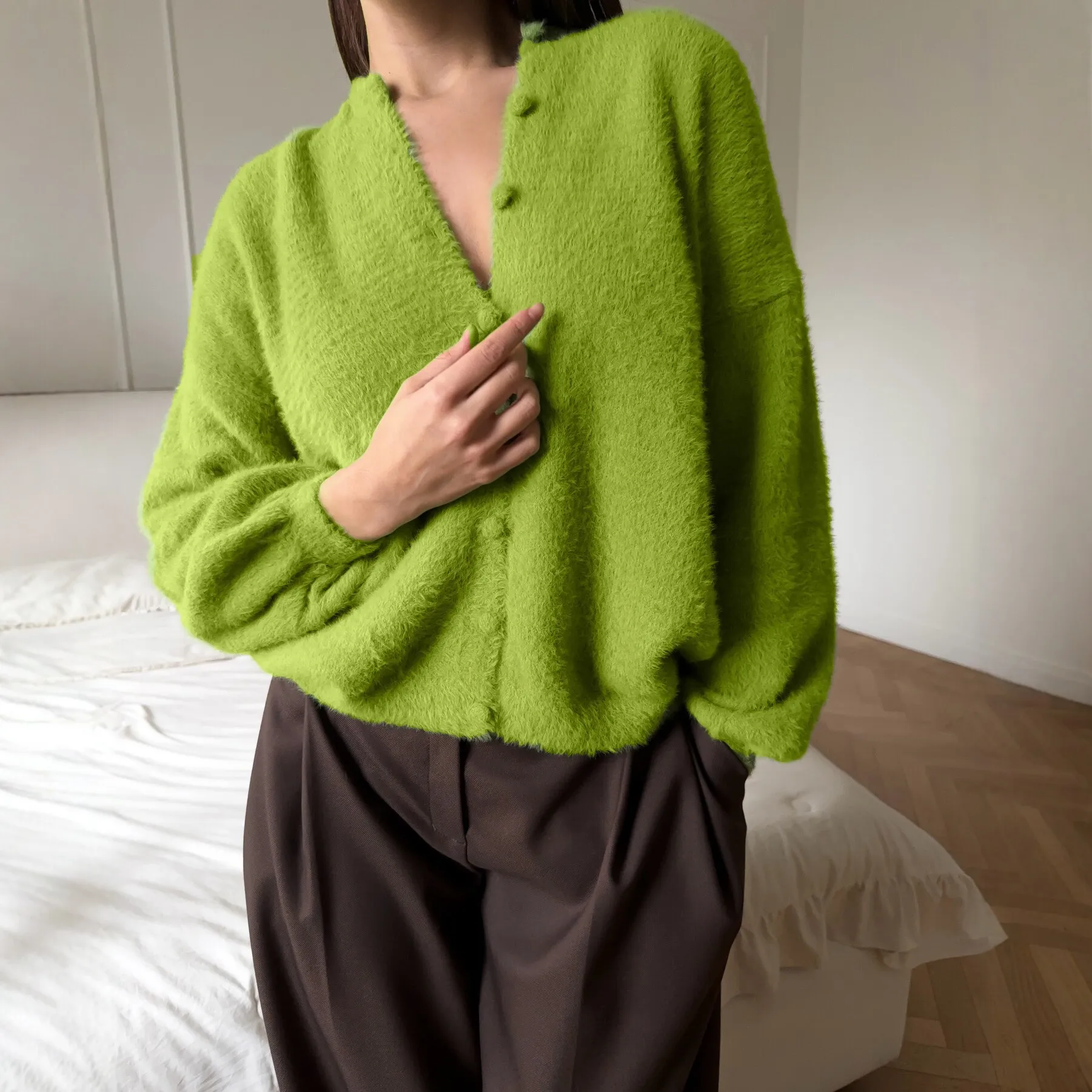 2026 New European and American Round Neck Imitation Mink Fur Cardigan Women's Loose and Soft Knitted Jacket Versatile Sweater