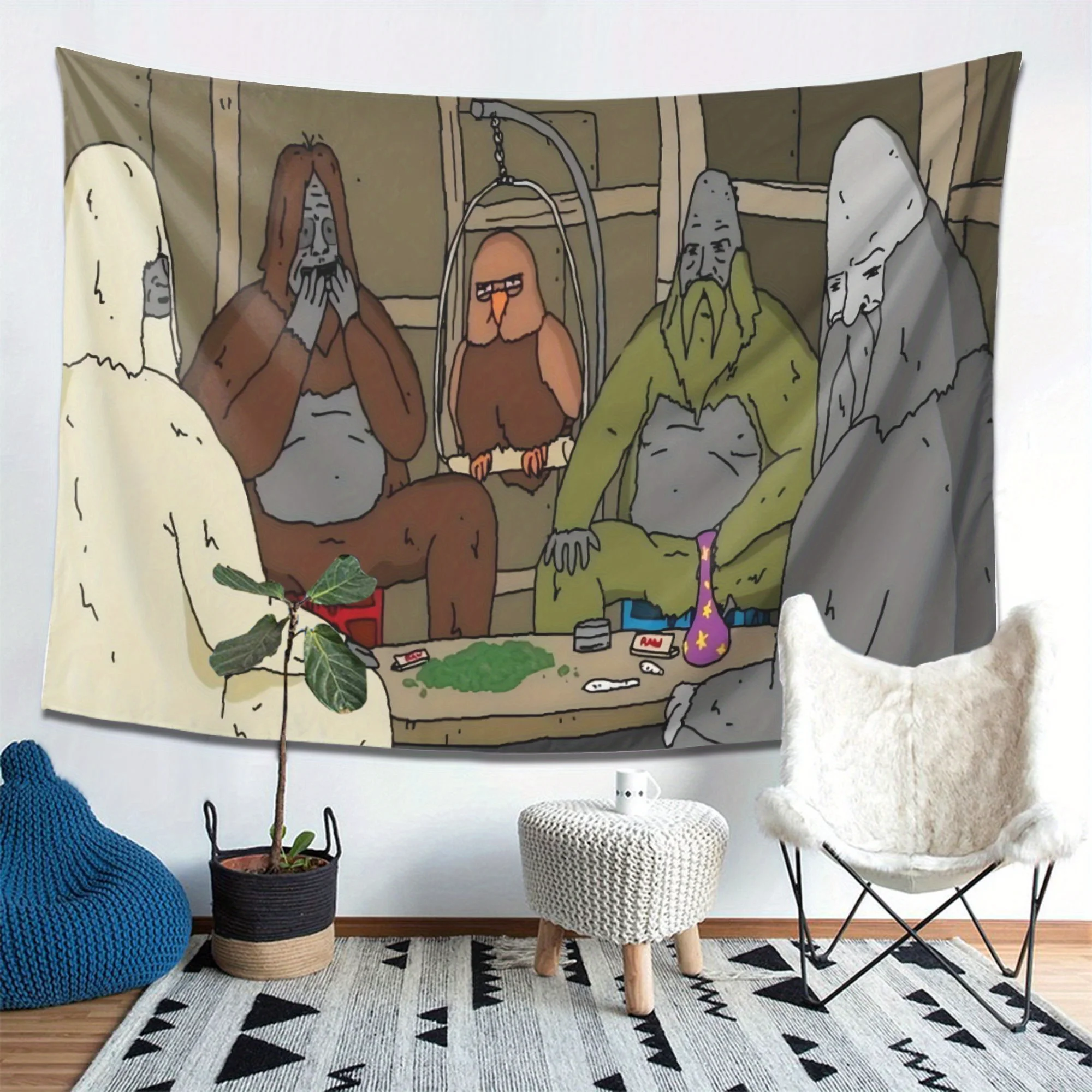 Cartoon Characters Wall Tapestry, Funny Group Indoor Scene Wall Hanging, Meme Aesthetic Bedroom Dorm Man Cave Decor Tapestry