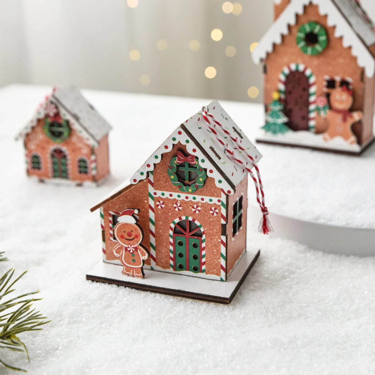 1 Christmas decoration wooden biscuit small house Christmas creative luminous house Christmas tree decoration pendant