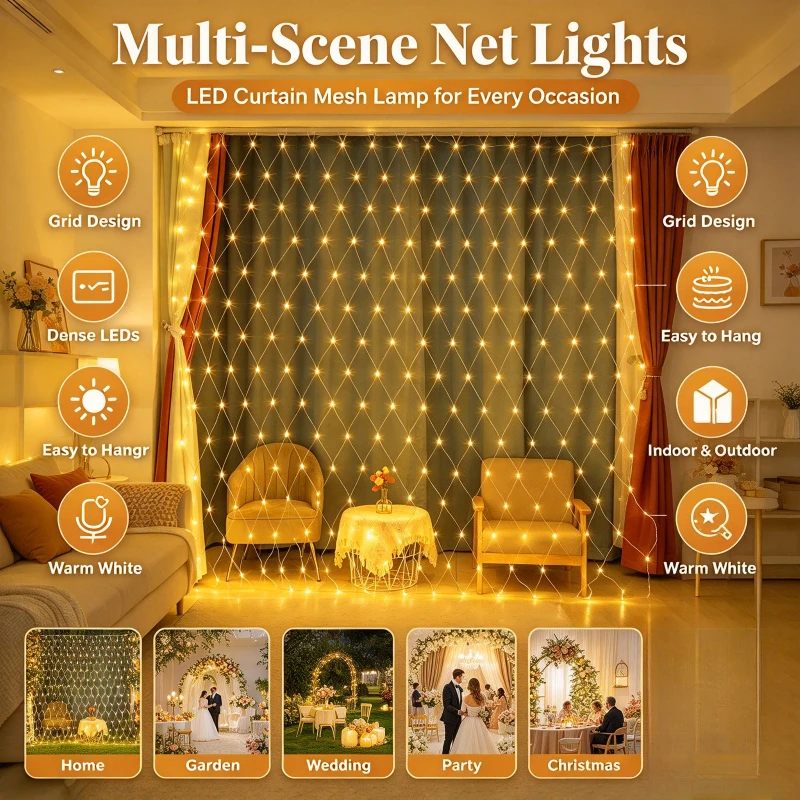 Waterproof Net Lights Outdoor Mesh Fairy String Wedding Decor for Garden Path Walkway Lawn Style for Yard Patio Decoration