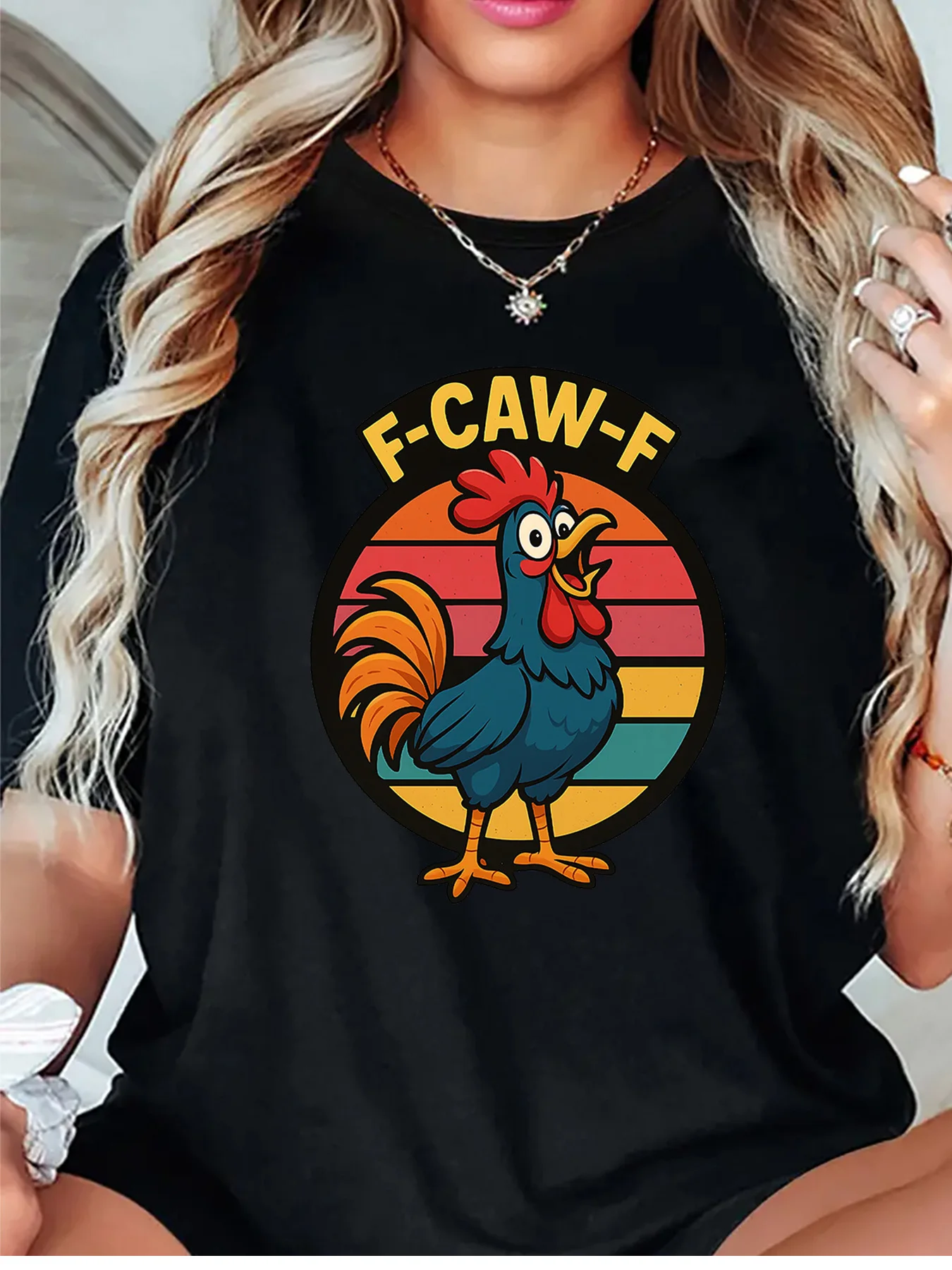 F Caw F Retro Circle Striped Funny Rooster Art Graphic Womens T Shirt Short Sleeve Crew Neck Daily Casual Ladies Tee Tops
