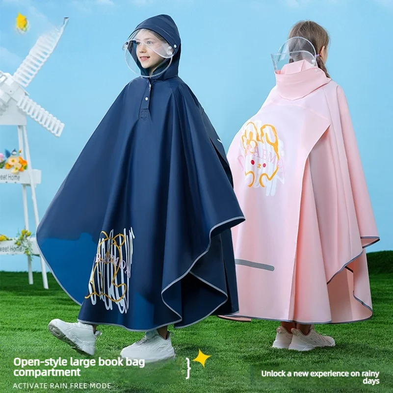 Children's raincoat for boys and girls, full-body waterproof with backpack space for older children and students