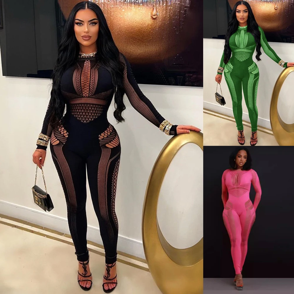 

Новейший дизайн 2026: Женские комбинезоны-боди из сетки с вырезами, сексуальные клубные наряды, цельные трикотажные ромперы для женщин