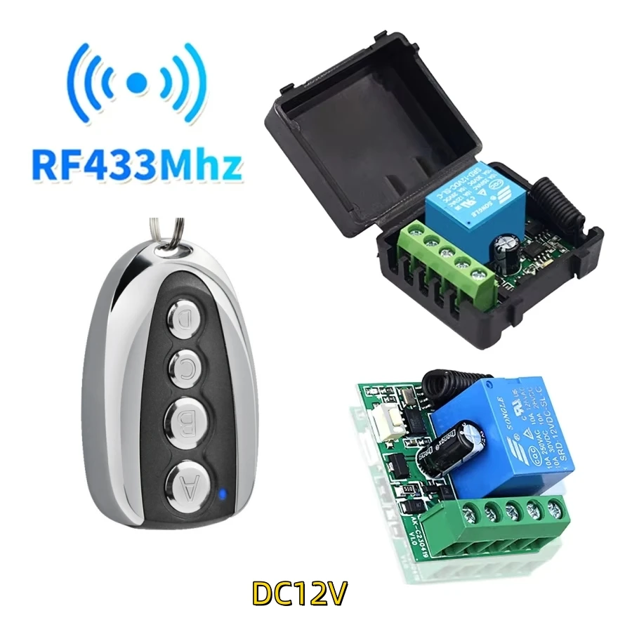 Беспроводной переключатель постоянного тока 12 В, мини-релейный модуль, RF 433 МГц, релейный приемник, 4-канальный передатчик дистанционного управления для гаража, мотор для штор, свет