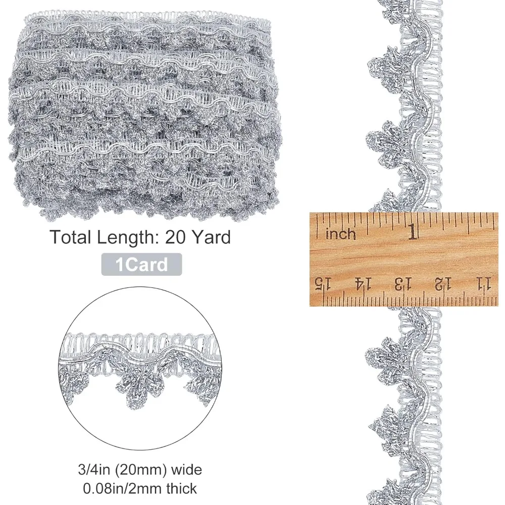 20 Yards Metallic Braid Lace Trim Silver Flower Pattern Lace Ribbon Decorated Gimp Fringe Trim Tassel for DIY Jewelry