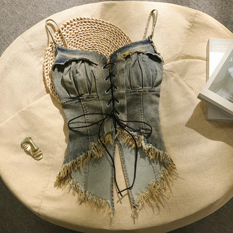 

Retro American Cool Spicy Girl Fringed Denim Strap Vest Women's Inner Wear Ele Outerwear Svel Top Street Sle Slim...