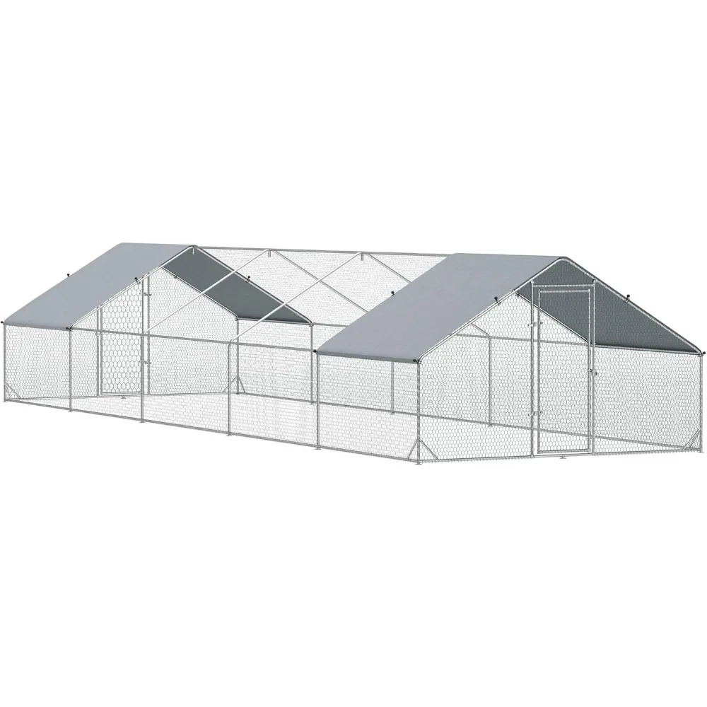 Large Chicken Coop Metal Chicken Run with Waterproof and Anti-UV Cover, Spire Shaped Walk in Fence Cage Hen House for Outdoor