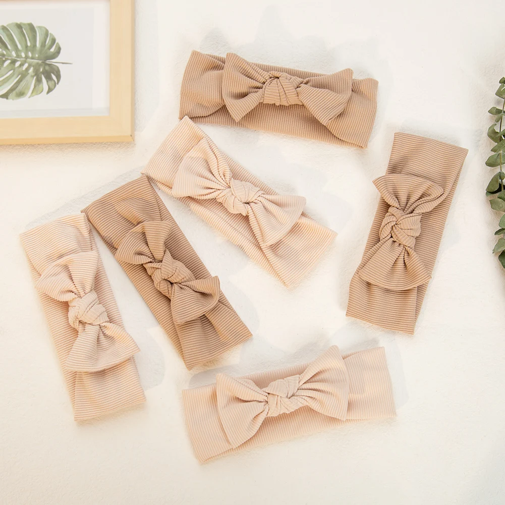 Ins Beige Ribbed Bow Headband for Baby Girls Topknotted Elastic Hair Bands Newborn Headwraps Korean Infant Kids Hair Accessories