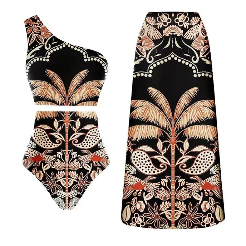 Printed One Piece Swimsuit Women Bikini with Beach Set New One Shoulder High Waist Split Swimwear Brazilian Biquini Bathing Suit