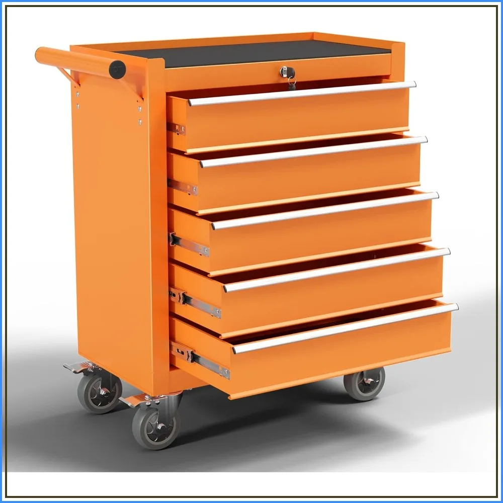 5-Drawer Metal Rolling Tool Chest with Wheels and Lock, Orange Storage Cabinet for Garage
