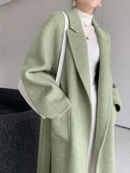 Fresh Green Double Sides Wool Coat for Women 2023 New Luxury Elegant Female Winter Jackets with Belt Pockets Loose Warm Overcoat