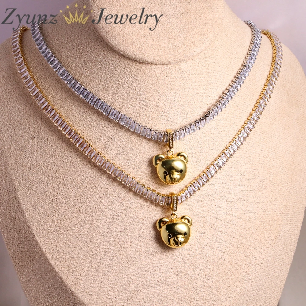 

5PCS, New Gold Smooth Bear Head Pendant Zircon Chain Necklace for Women Shiny Tennis Chain Necklace Trendy Jewelry