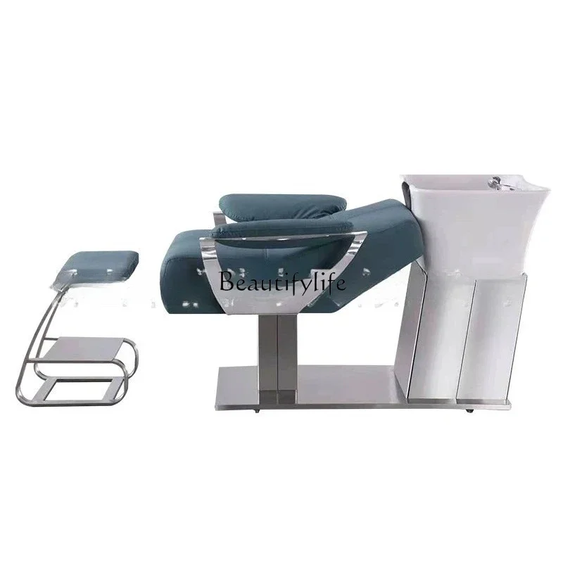

88.-Barber Shop Stainless Steel Semi-reclining Hair Shampoo Bed Ceramic Basin Hair Bed