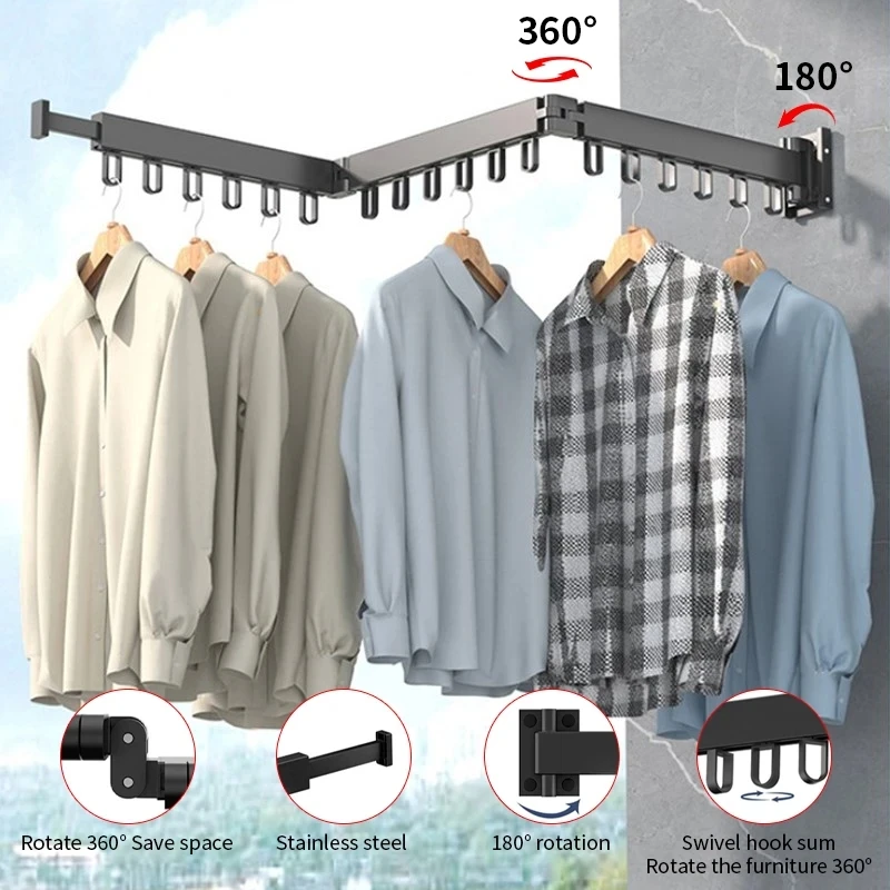 Folding Clothes Hanger Wall Mount Retractable Cloth Drying Rack Indoor & Outdoor Space Saving Home Laundry Clothesline