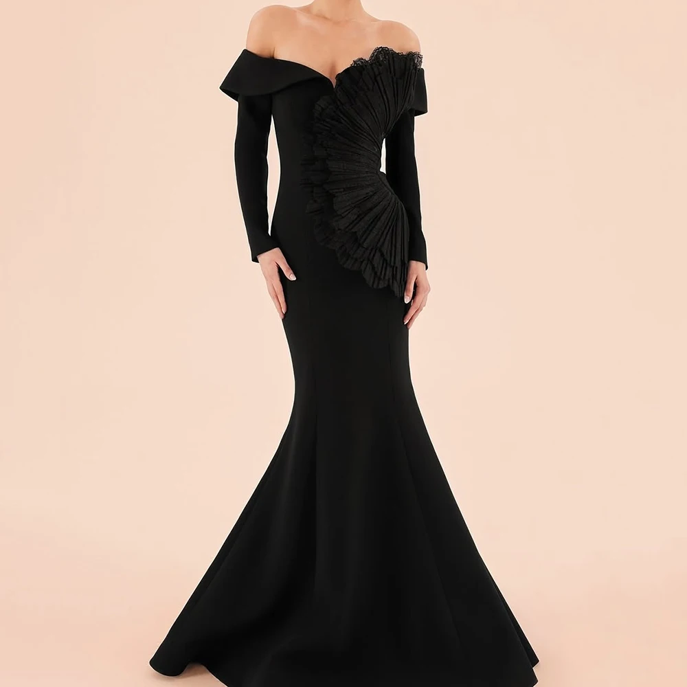

Customized A-line Evening Dresses Floor-length Off The Shoulder Full Sleeve Prom Gown Simple Fashion Draped Backless Party Gown