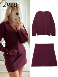 Elegant Knitted Wine Red Cardigan Mini Skirt Set Women V Neck Long Sleeve Top Cozy A-line Skirts 2024 Autumn Lady Office Outfit