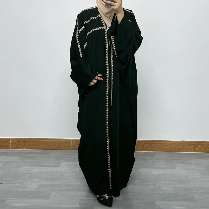 

Women Long Dress Dubai Embroidery Lace Pearl Patched Lace BeadingAbaya Muslim Fashion Elegant