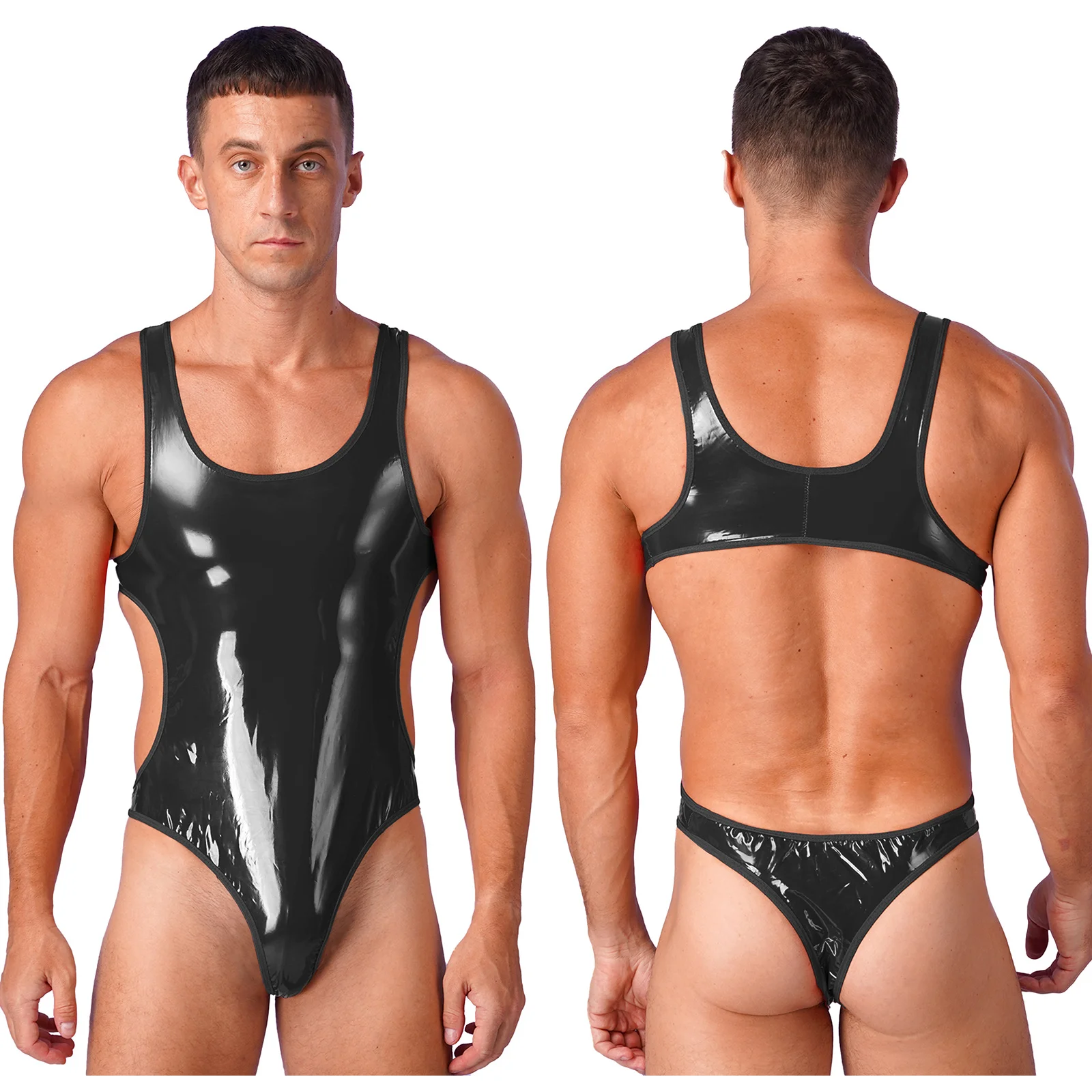 Mens Rave Party Nightclub Pole Dancing Leotard Sleeveless Backless Wet Look Patent Leather Bodysuit for Music Festival Nightwear