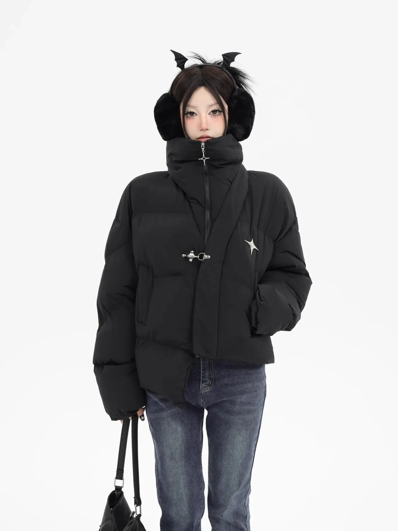 Vintage Zip-up Padded Jackets Women Turtleneck Warm Fashion Five-pointed Star Street Comfortable Coat Windproof Coat