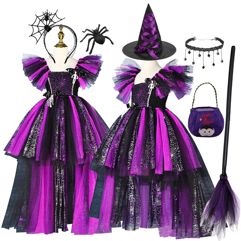 Kinderen Heks Halloween Kostuum Spookskelet Kids Carnaval Feestjurk Heks Cosplay Jurk Met Snoepzak