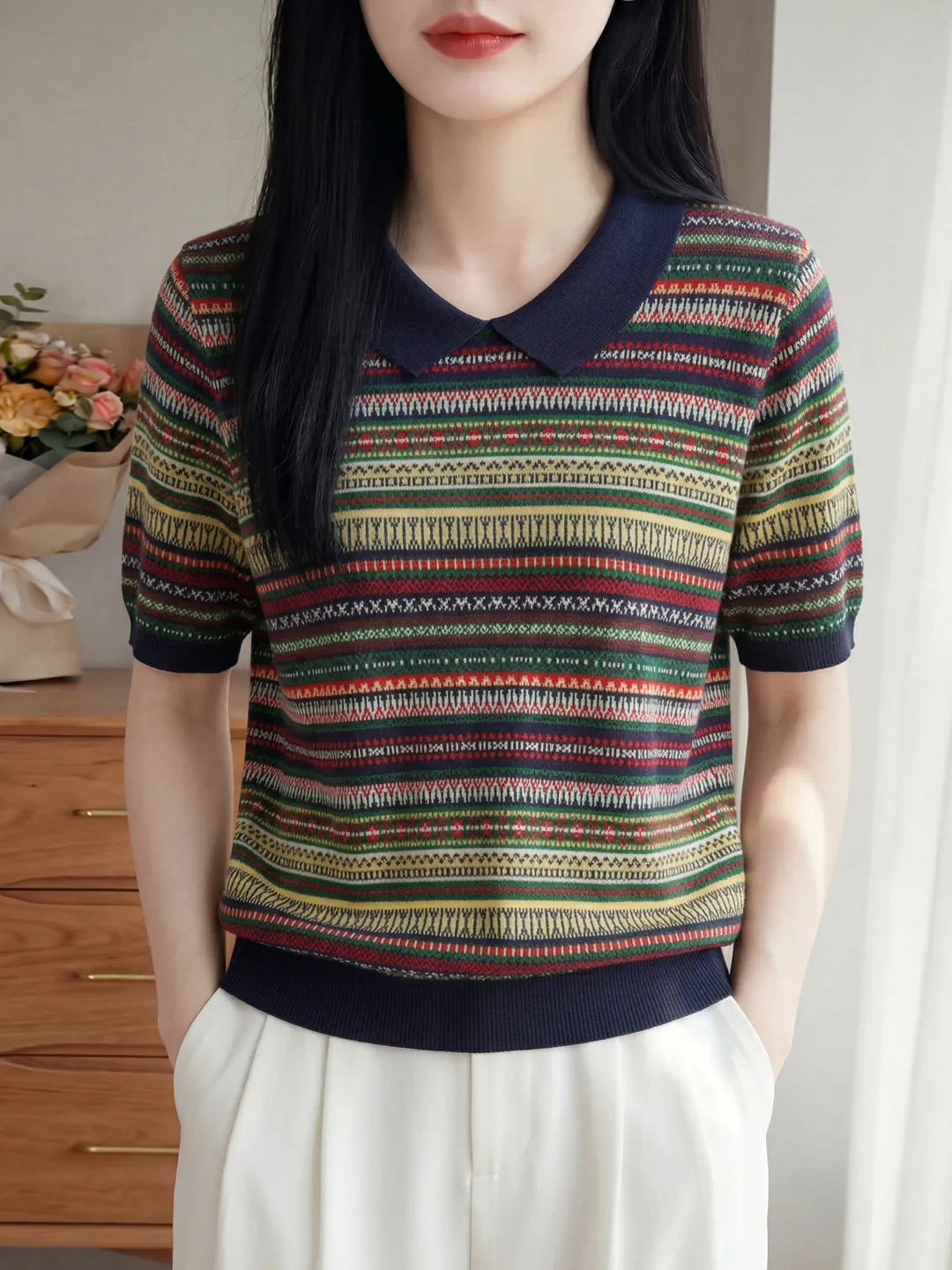

Summer 2026 New Style Color Block Striped Knitted Loose Short Sleeve Women's Top Thin Breathable Casual Wear Soft Fabric