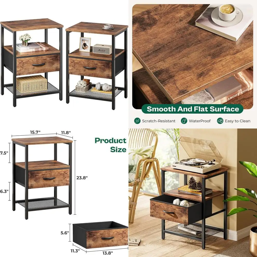 

Пара коричневых тумбочек в деревенском стиле с тканевыми ящиками, сетчатыми полками и металлическими каркасами для хранения в спальне.