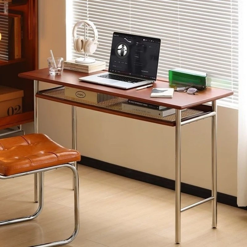 Stainless Steel Office Desks Retro Solid Wood Reading Desk Office Computer Table Multifunctional Simple Movable Storage Table