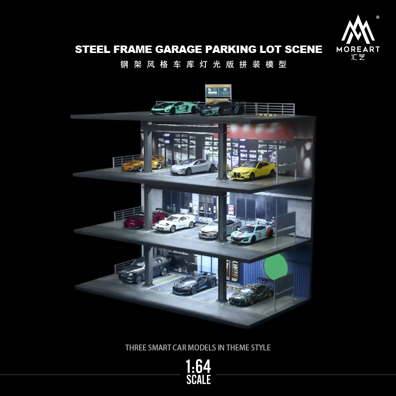 MoreArt 1:64 Four-Storey Steel Frame Style Garage Lighting Diorama, Scene Model,Car Parking Lot Display&Collection&Gift