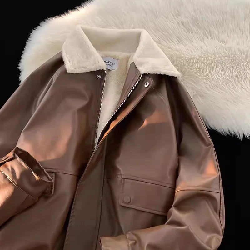 Leather Jacket Cotton Jacket Men's 2023 Winter Plush Thickened Couple Cotton Jacket American High Street Waterproof Leather Coat