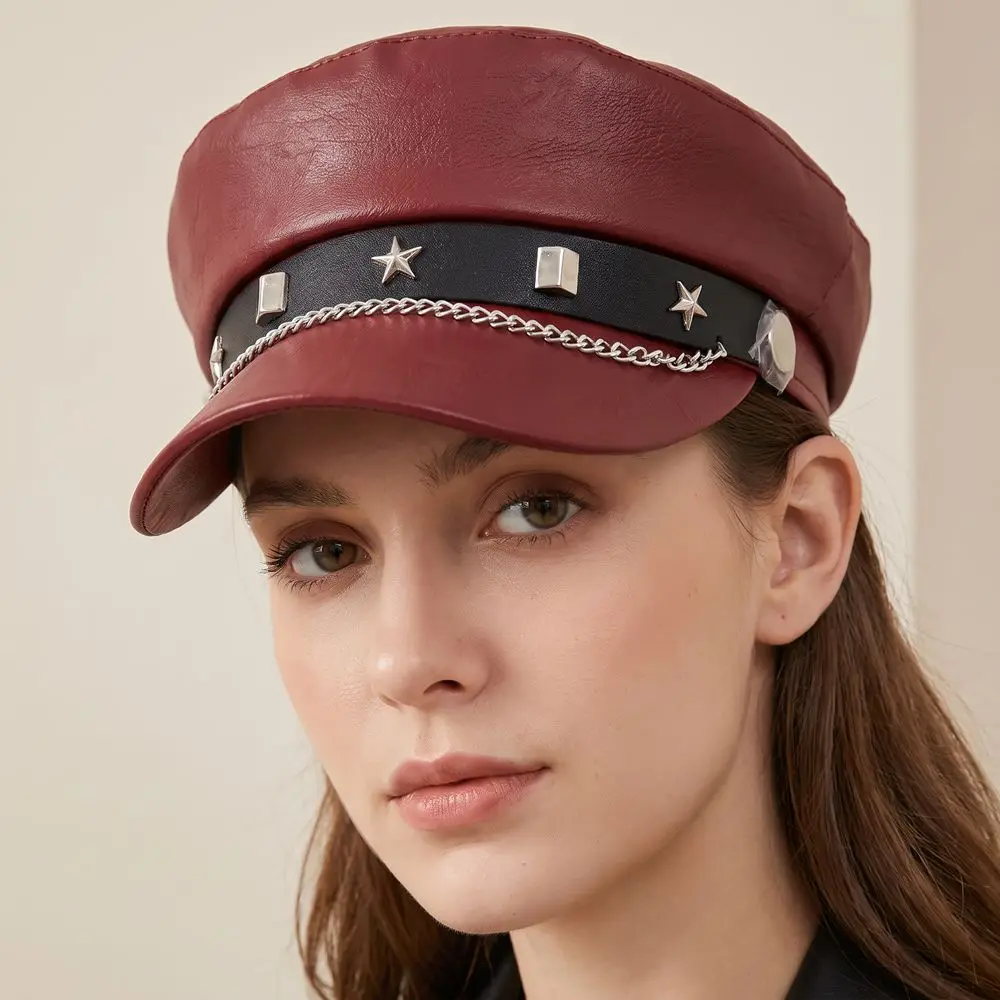 Retro Hip-hop Star Rivet Beret Punk British Flat Top Cap Metal Chain Decor Personalized Octagonal Cap For Women