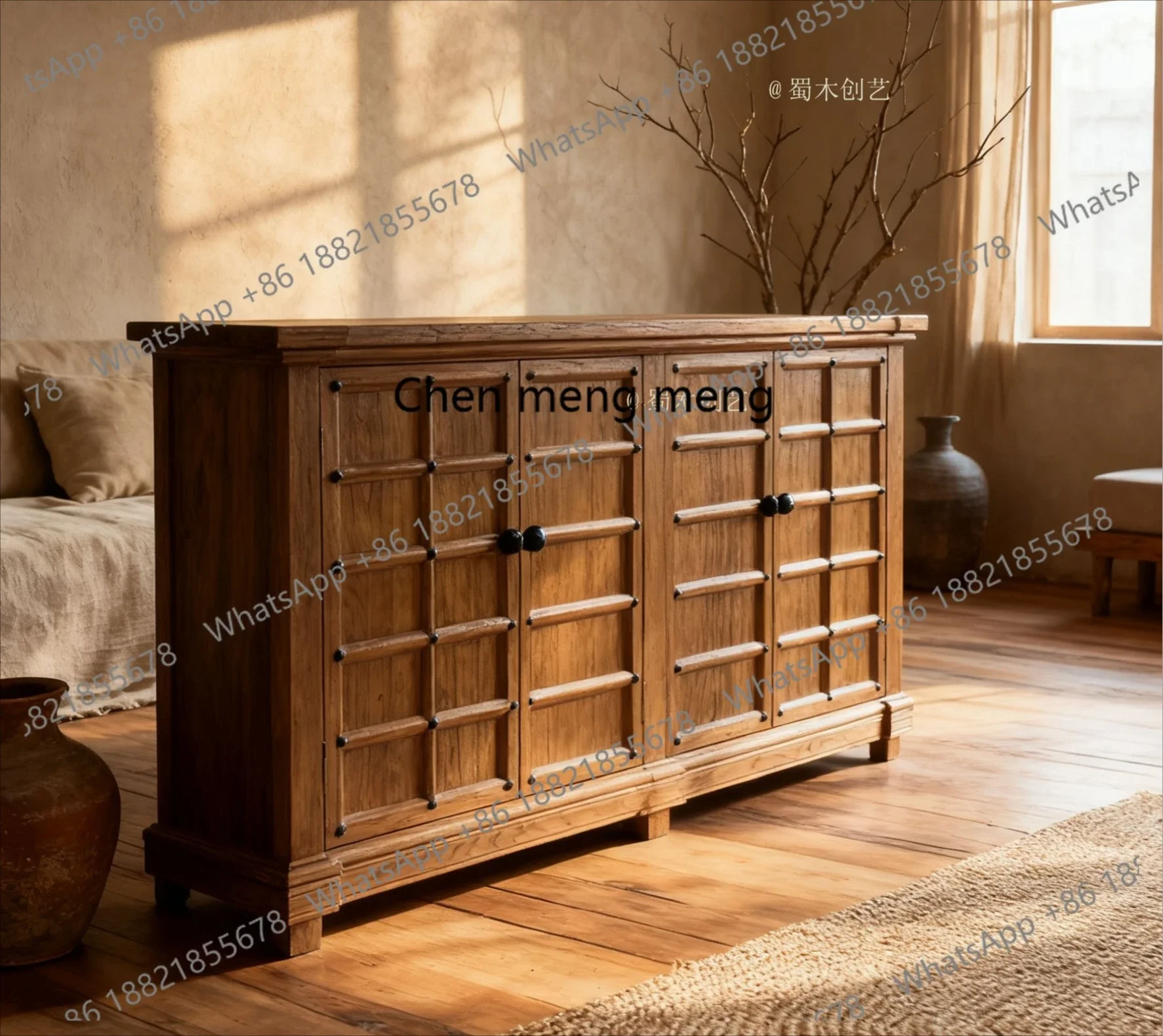 

Z136 Retro style solid wood dining side cabinet, living room locker, lattice door panel, multi-functional locker