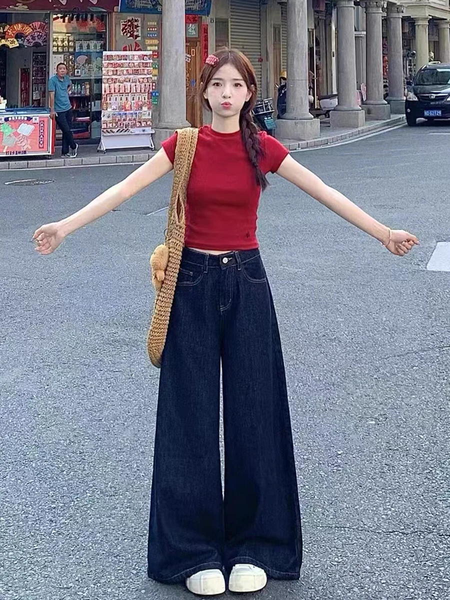 

plus Size American Retro Denim Jeans Women Loose High Waist Slim Straight Wide Leg Floor Length Pants Casual Blue Color